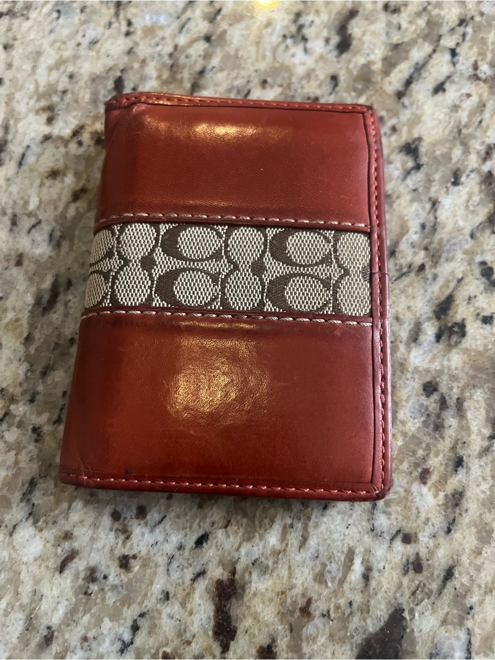 Coach Red Leather Card Holder with Signature Monogram Strip